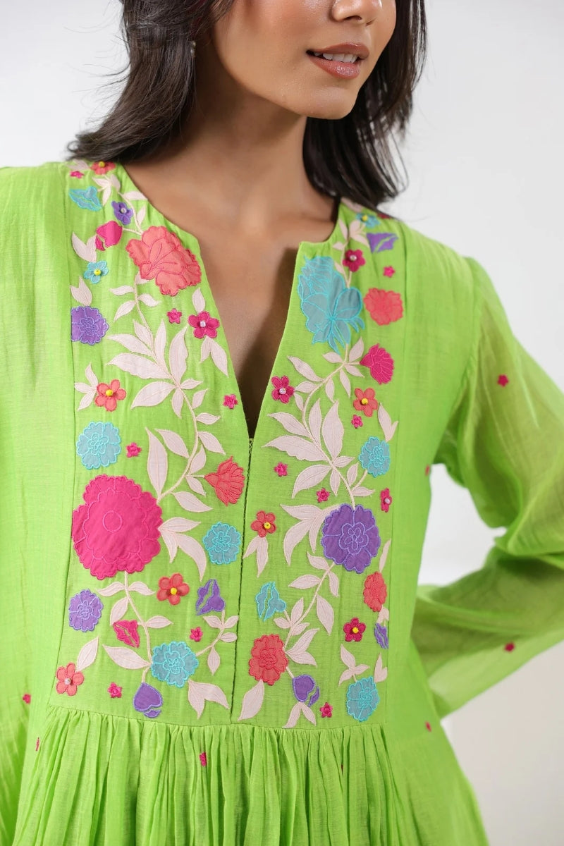 Rose Lime Green Tiered Embroidered Dress/Tunic for Women Girls