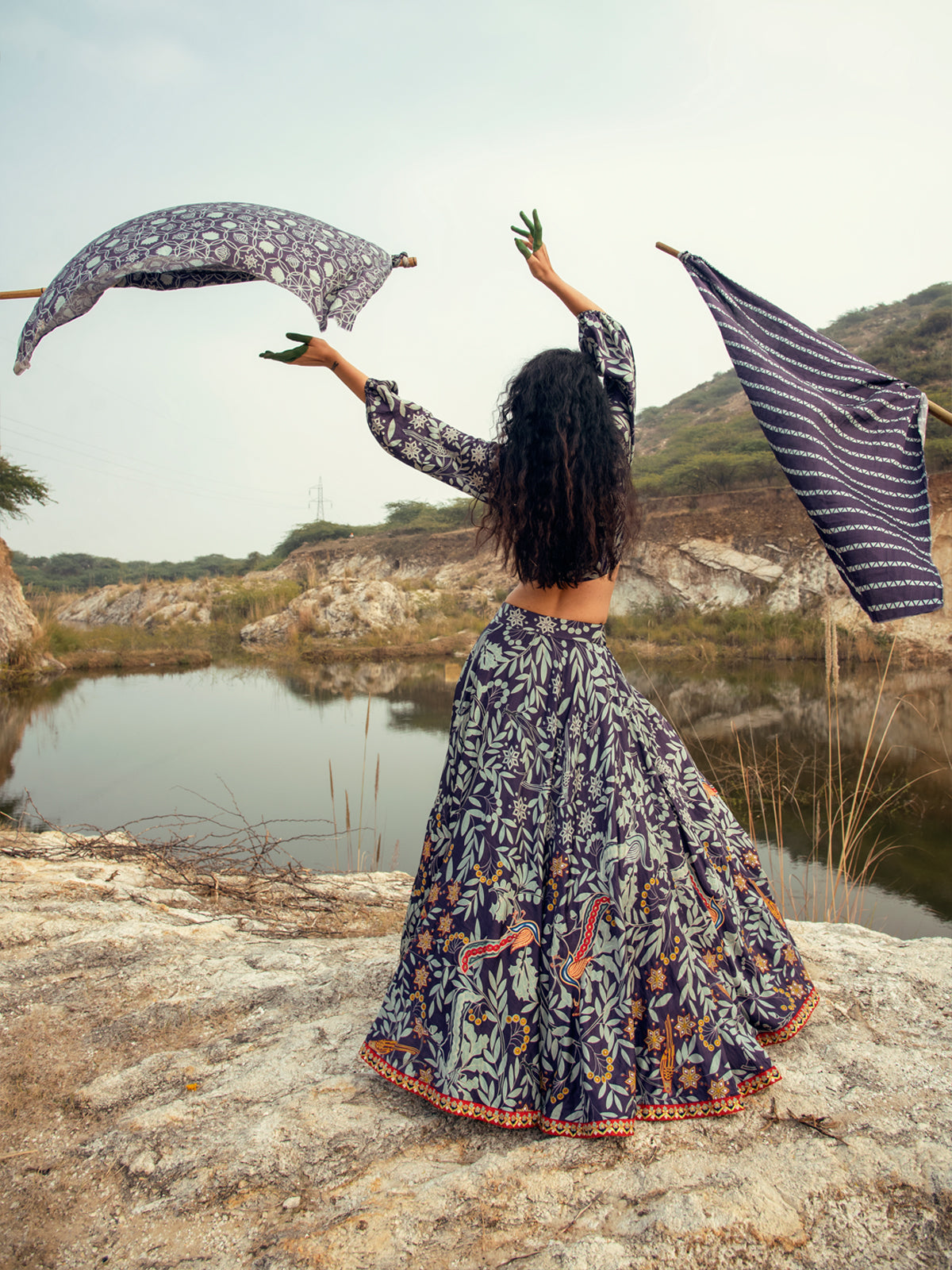 Morbagh Navy Embroidered Lehenga with Crop Top