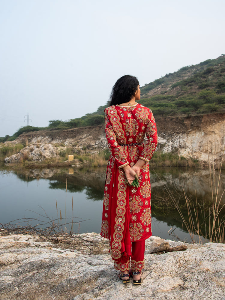 Kamal Red Embroidered Heavy Kurta, Pants and Dupatta