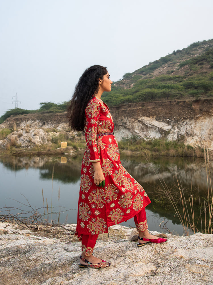 Kamal Red Embroidered Heavy Kurta, Pants and Dupatta