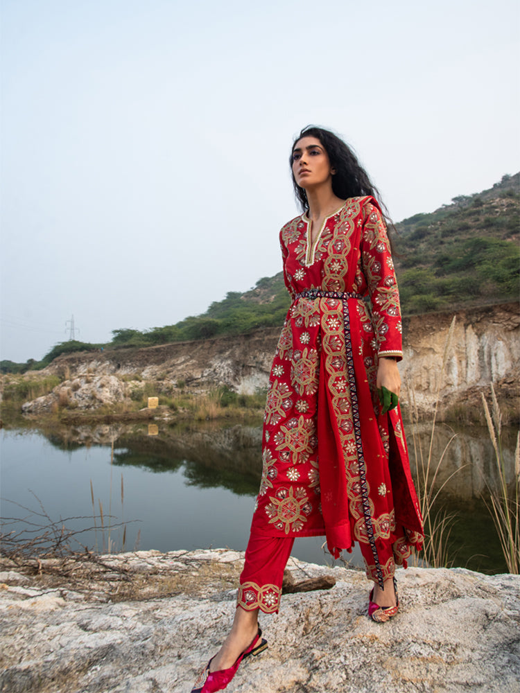 Kamal Red Embroidered Heavy Kurta, Pants and Dupatta