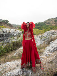 Morbagh Red Embroidered Lehenga with Halter And Cape