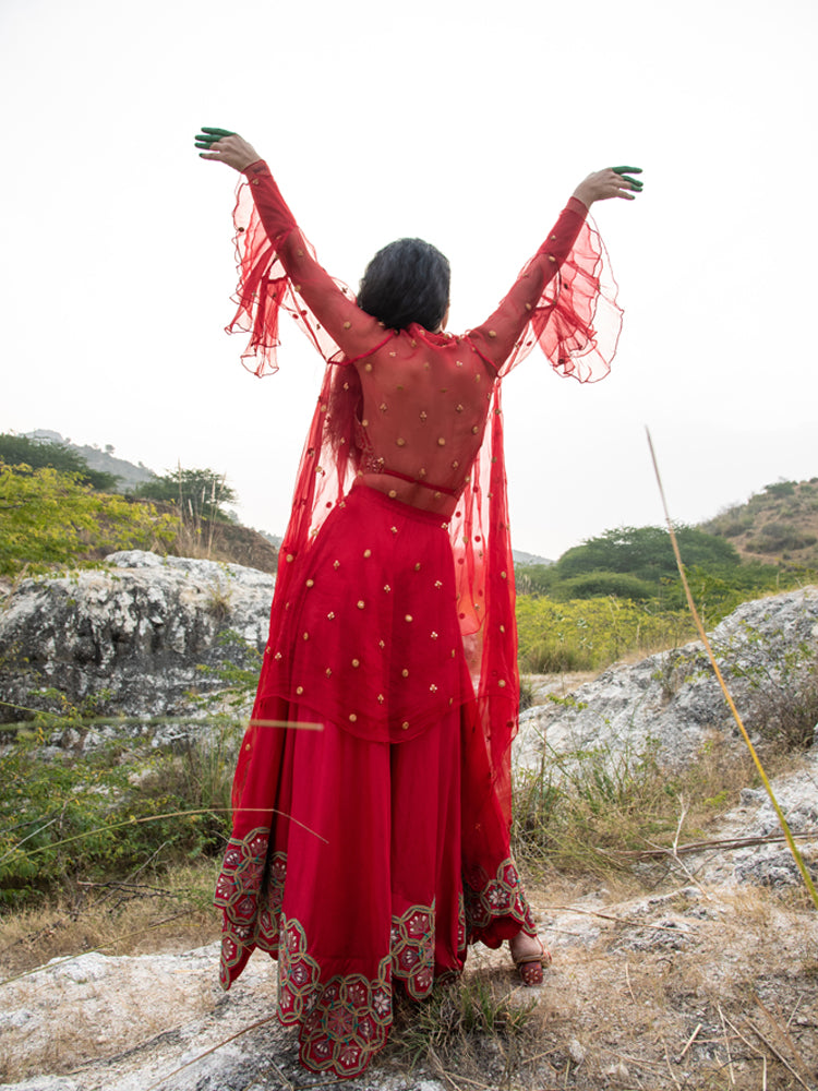 Morbagh Red Embroidered Lehenga with Halter And Cape