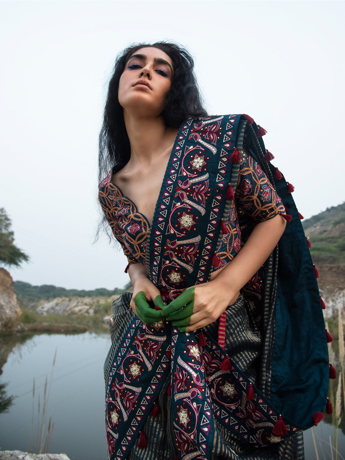 Morbagh Teal Sunheri Embroidered Saree with Embroidered Blouse