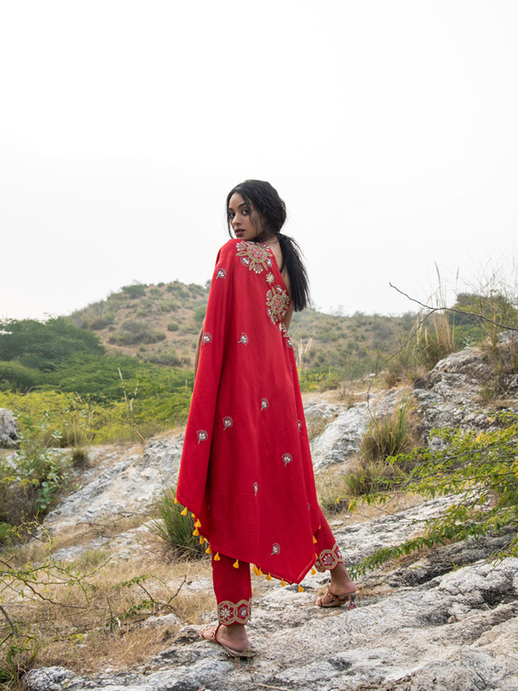 Morbagh Red Embroidered One Shoulder Cape with Pants
