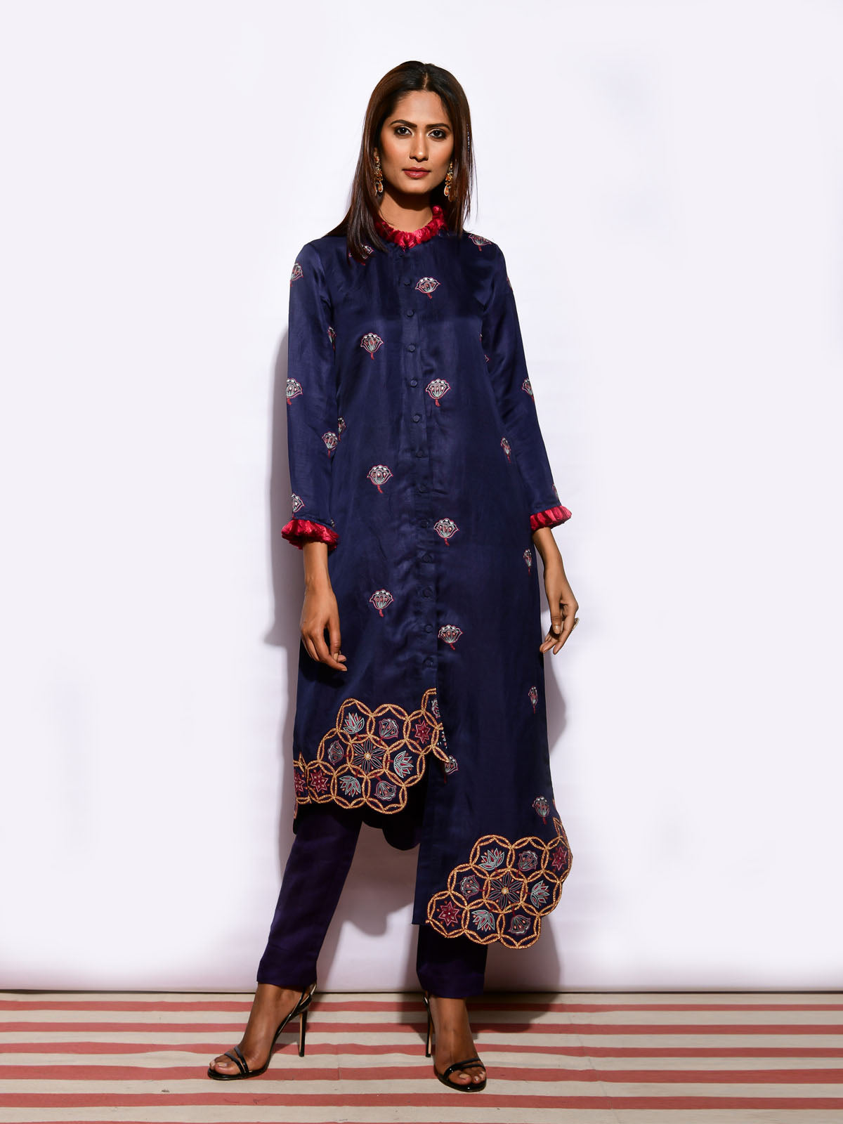 Kamal Navy Asymetrical Embroidered Fringe Tunic with Straight Pants