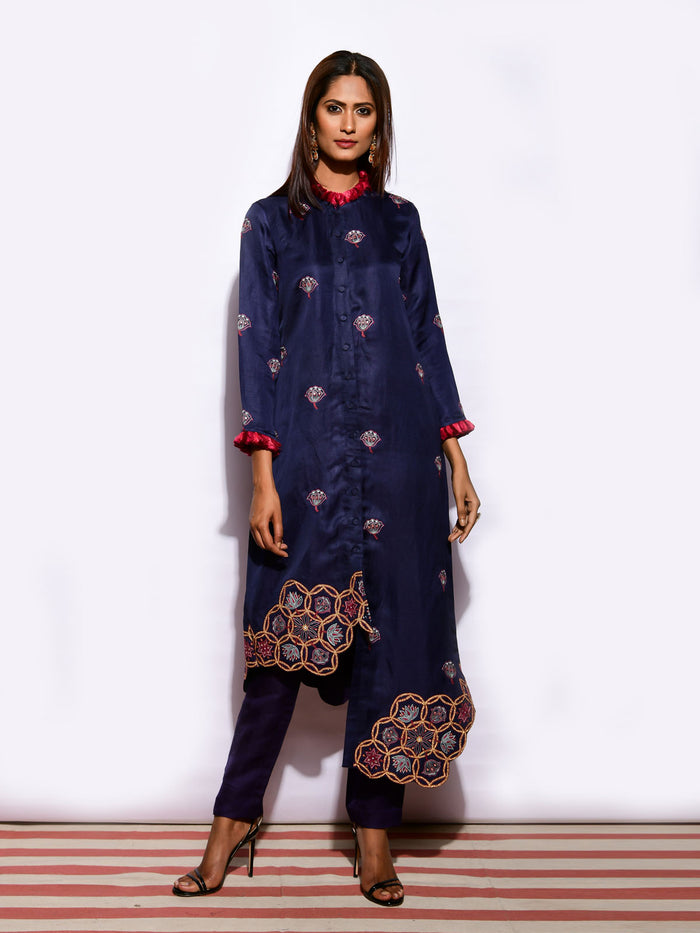 Kamal Navy Asymetrical Embroidered Fringe Tunic with Straight Pants