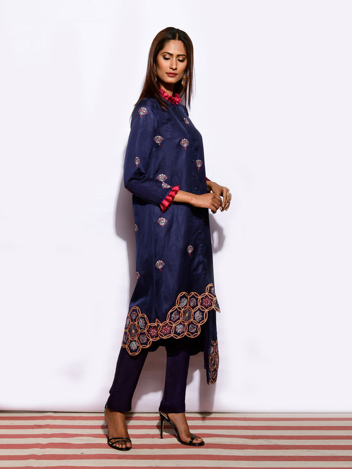 Kamal Navy Asymetrical Embroidered Fringe Tunic with Straight Pants