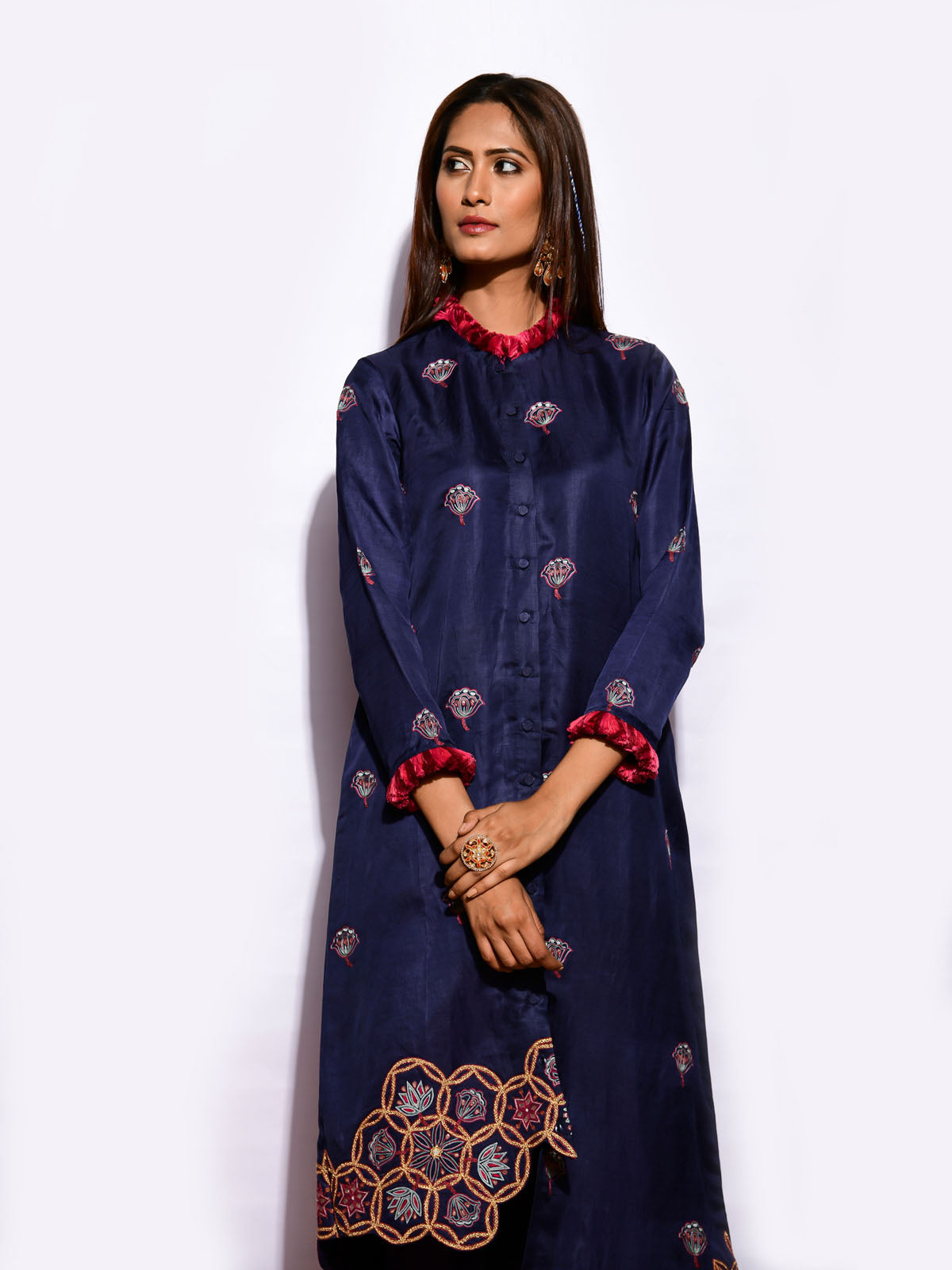 Kamal Navy Asymetrical Embroidered Fringe Tunic with Straight Pants