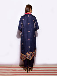 Kamal Navy Asymetrical Embroidered Fringe Tunic with Straight Pants