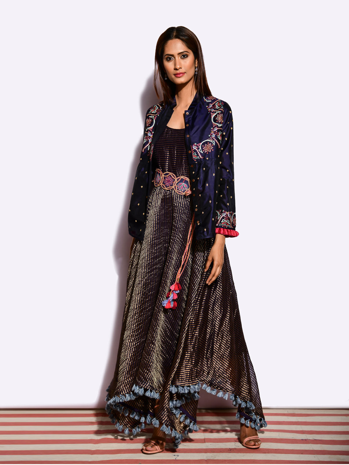Morbagh Embroidered Jacket with Asymmetrical Sunheri Chanderi Dress