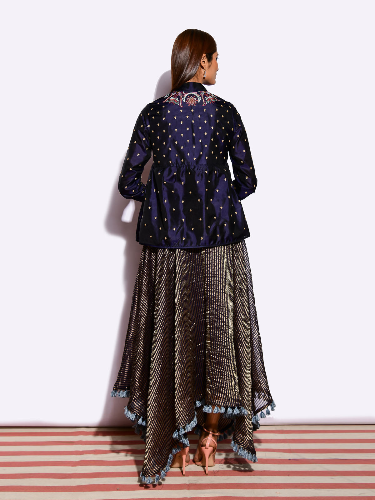 Morbagh Embroidered Jacket with Asymmetrical Sunheri Chanderi Dress