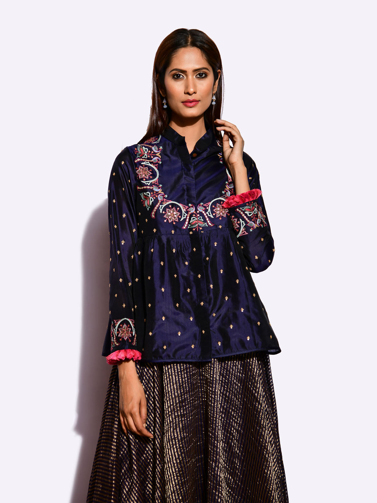 Morbagh Embroidered Jacket with Asymmetrical Sunheri Chanderi Dress