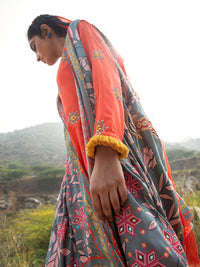 Morbagh Grey Embroidered and Printed Cape with Orange Embroidered Kurta and Pants