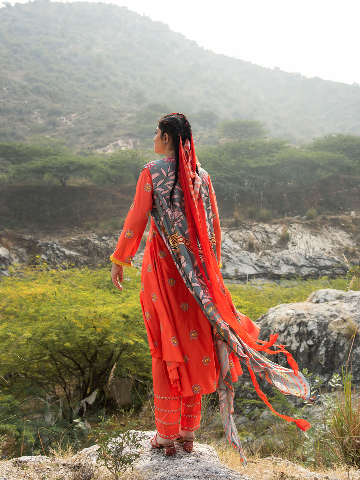Morbagh Grey Embroidered and Printed Cape with Orange Embroidered Kurta and Pants