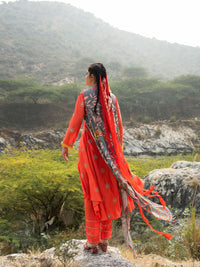 Morbagh Grey Embroidered and Printed Cape with Orange Embroidered Kurta and Pants