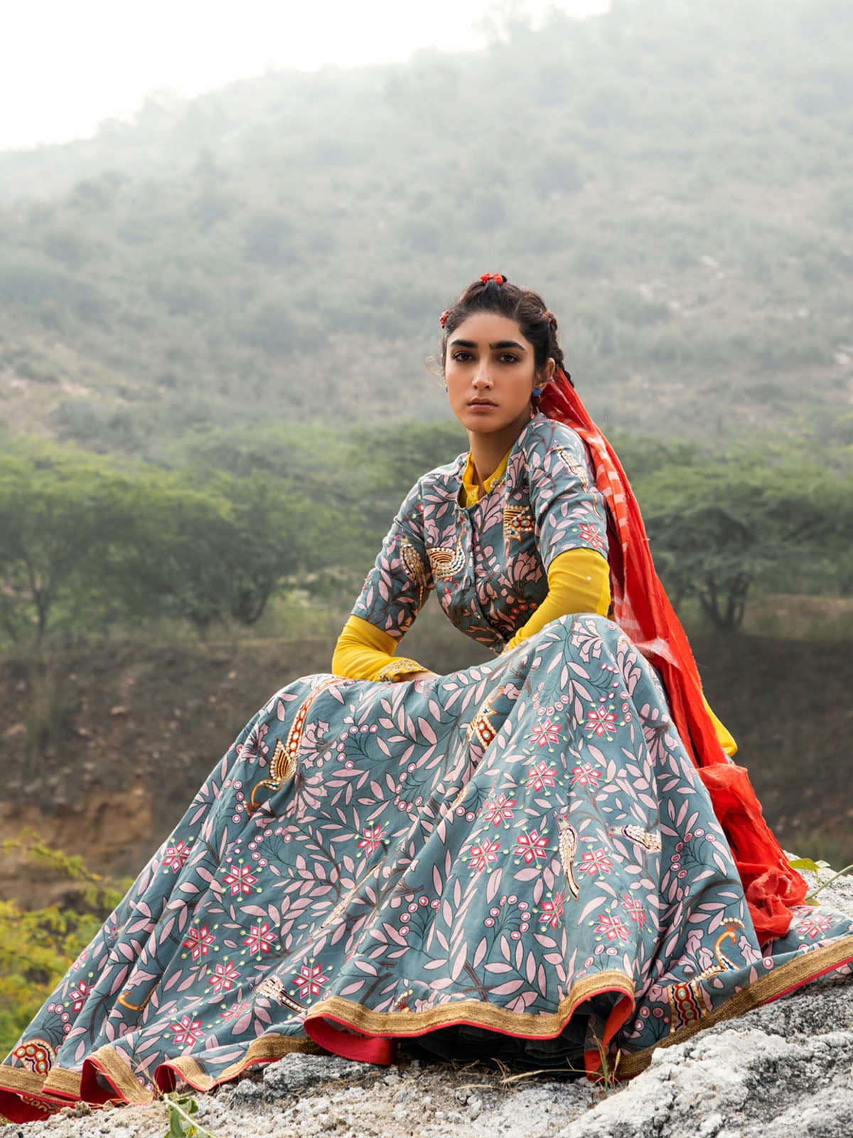 Morbagh Grey Embroidered Lehenga, Crop Top and Sheer Shirt