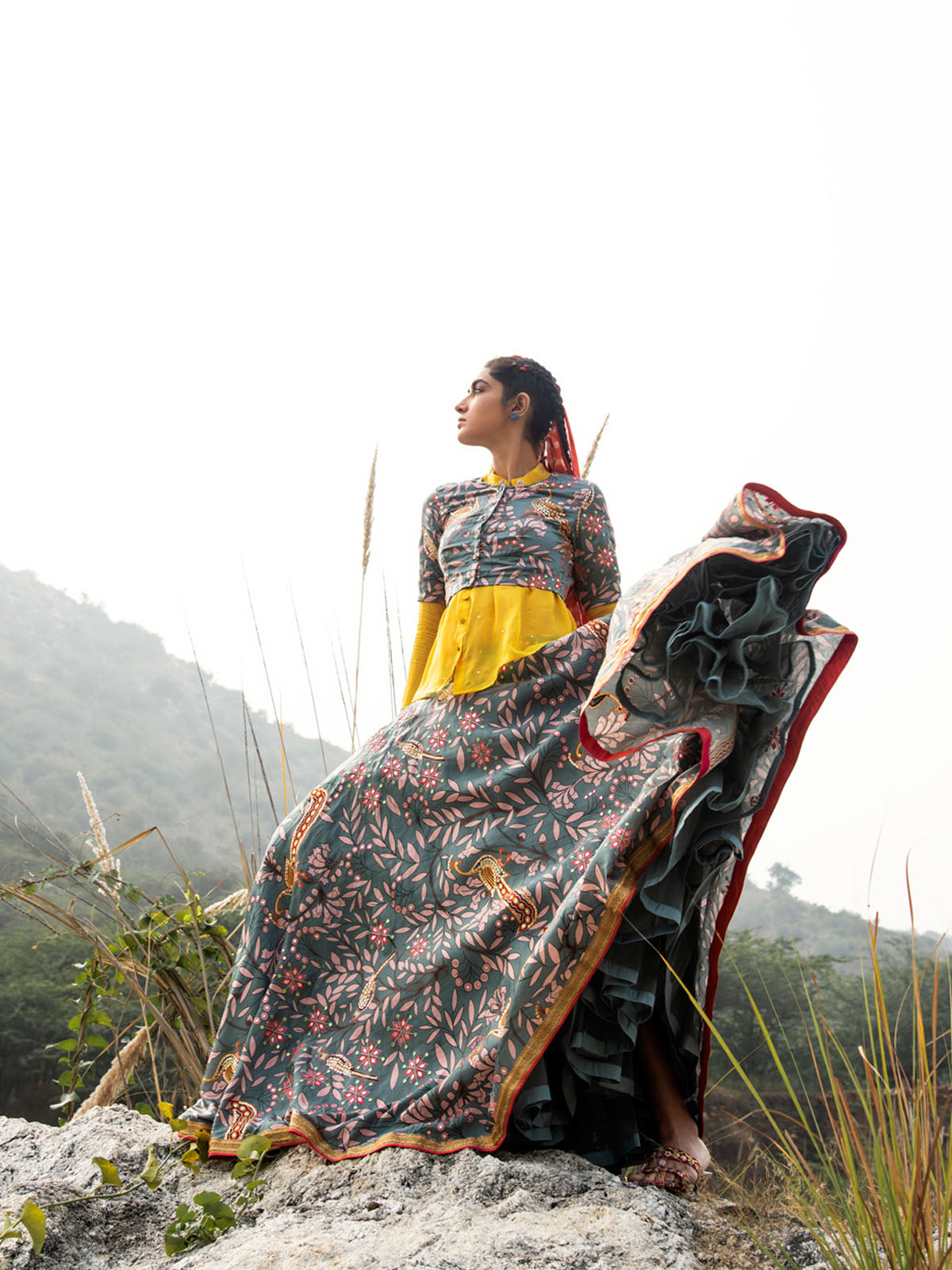 Morbagh Grey Embroidered Lehenga, Crop Top and Sheer Shirt