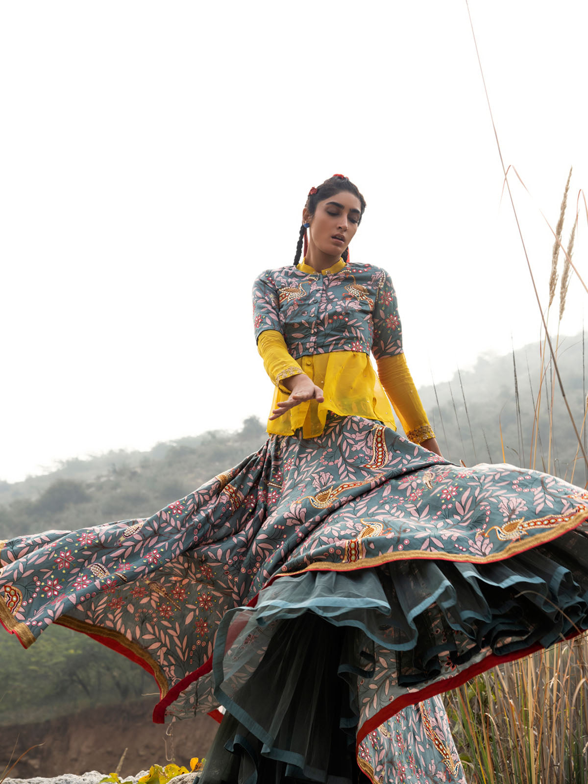 Morbagh Grey Embroidered Lehenga, Crop Top and Sheer Shirt