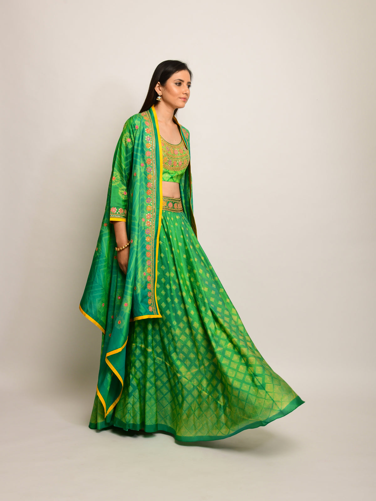 Patang Embroidered Shibori Green Lehenga Cape Set