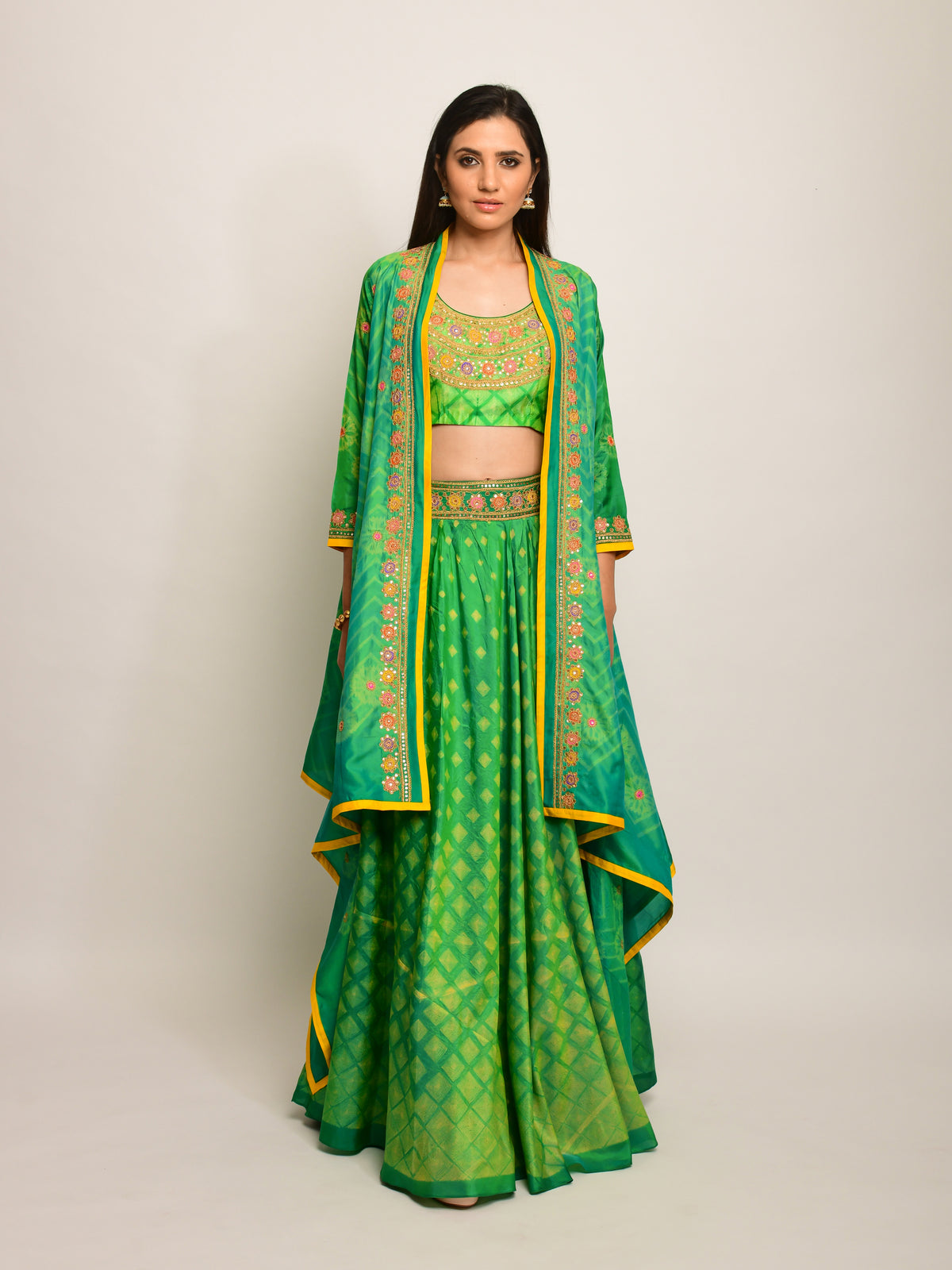 Patang Embroidered Shibori Green Lehenga Cape Set