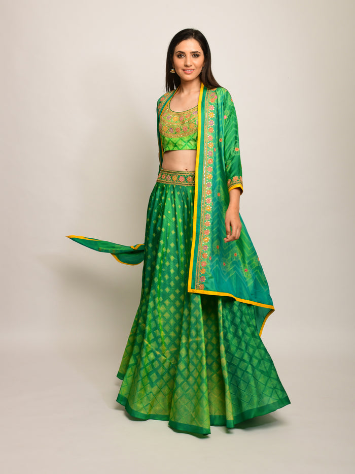 Patang Embroidered Shibori Green Lehenga Cape Set