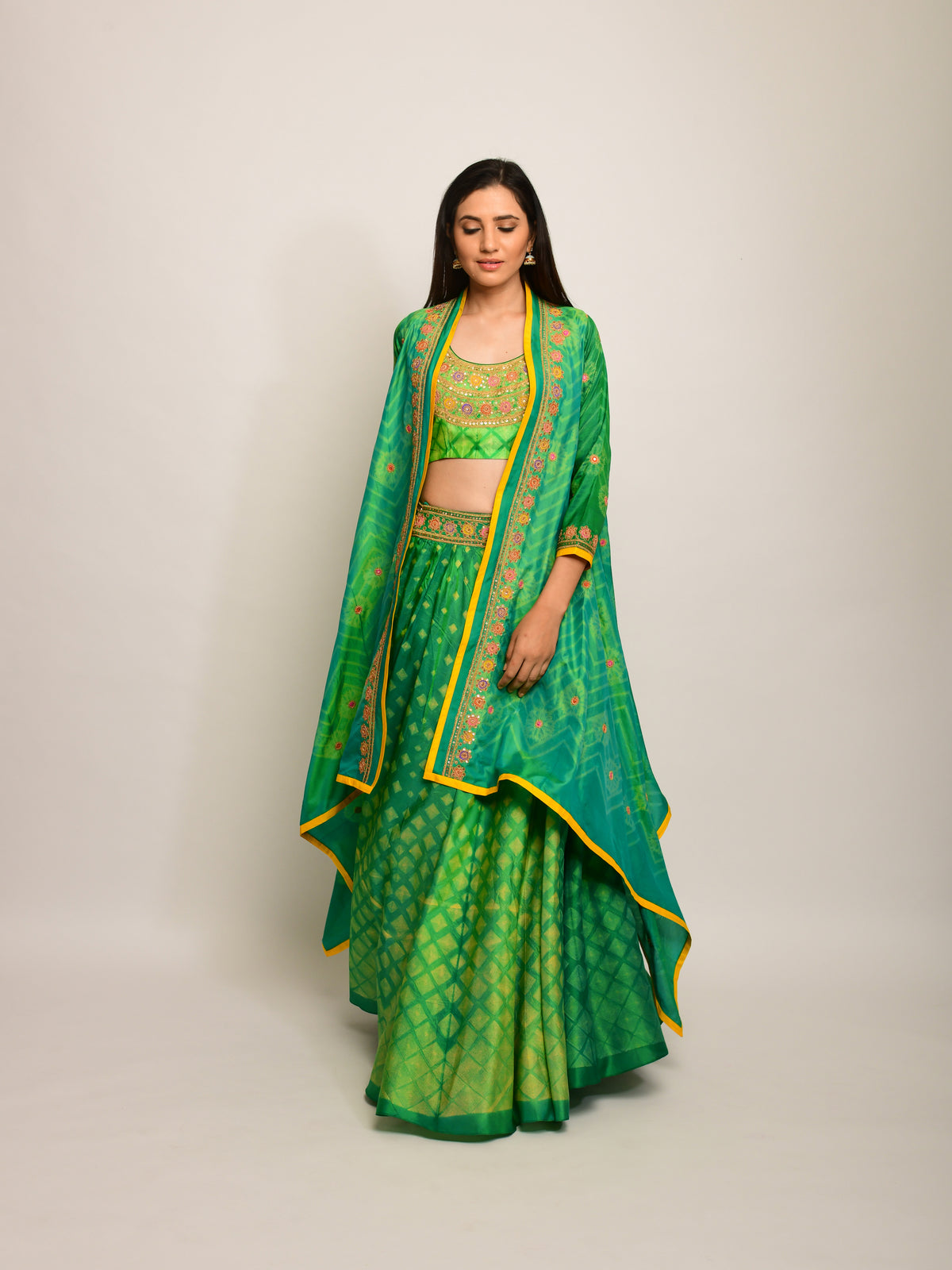 Patang Embroidered Shibori Green Lehenga Cape Set