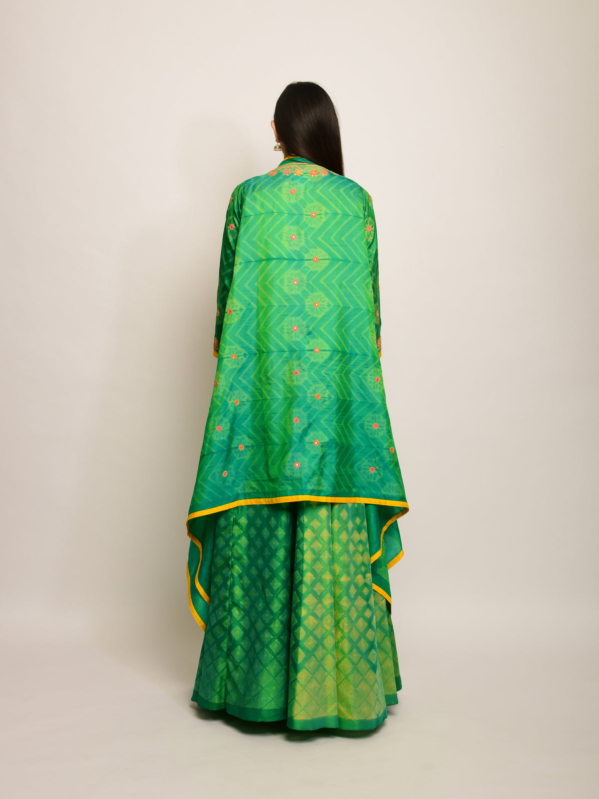 Patang Embroidered Shibori Green Lehenga Cape Set