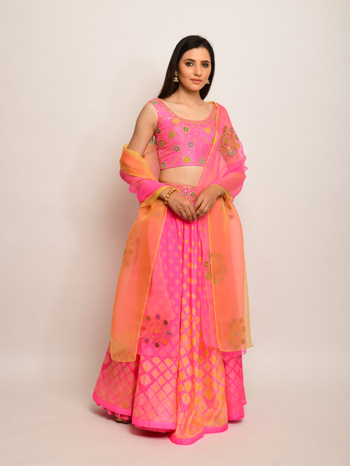 Patang Embroidered Shibori Pink Lehenga Set