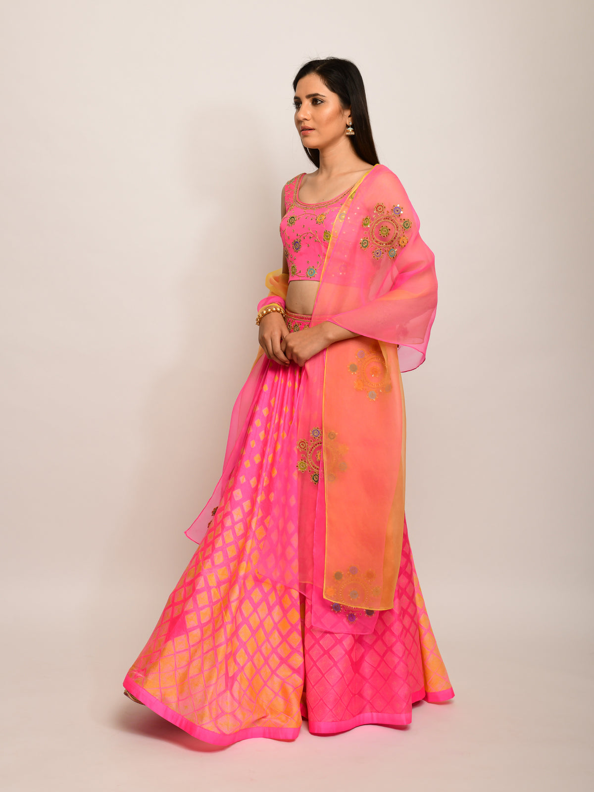 Patang Embroidered Shibori Pink Lehenga Set