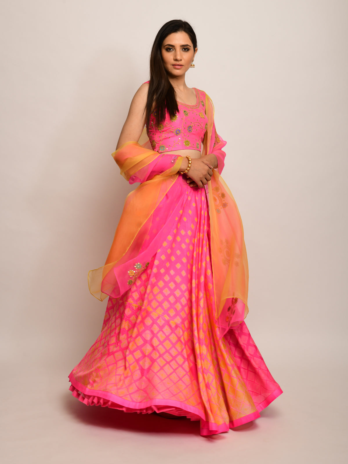Patang Embroidered Shibori Pink Lehenga Set