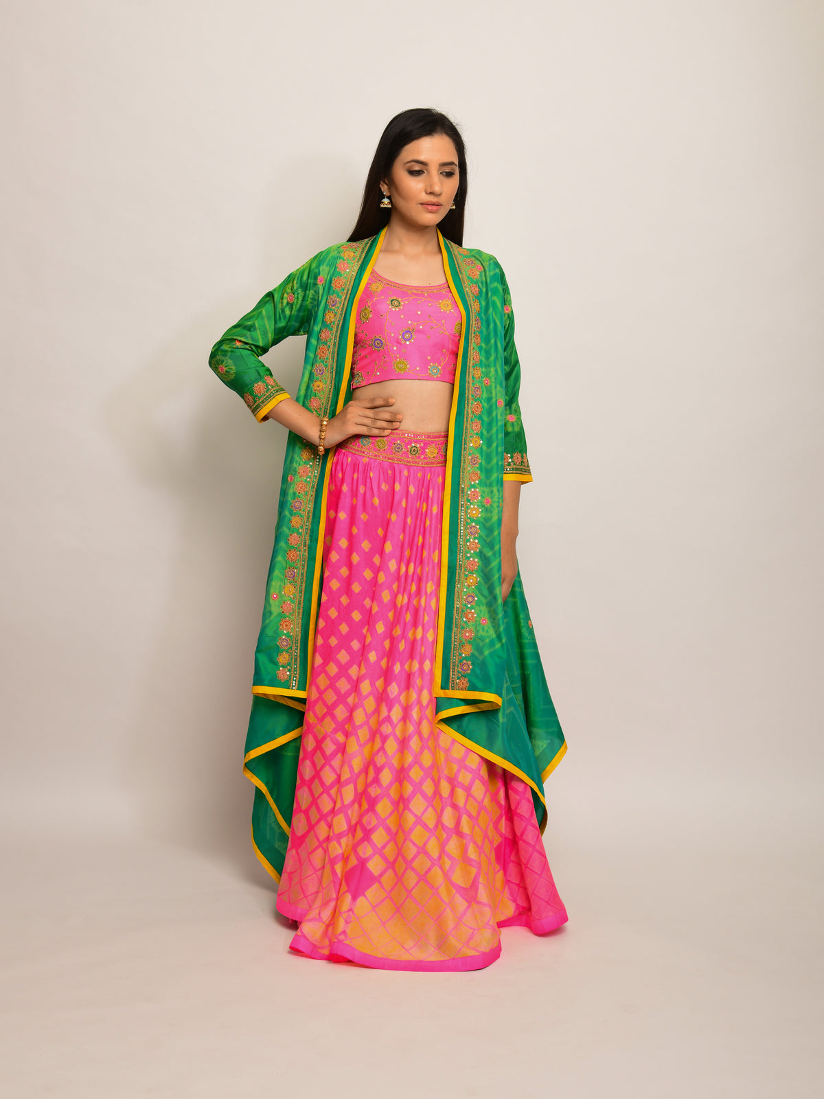 Patang Embroidered Shibori Pink Lehenga Cape Set
