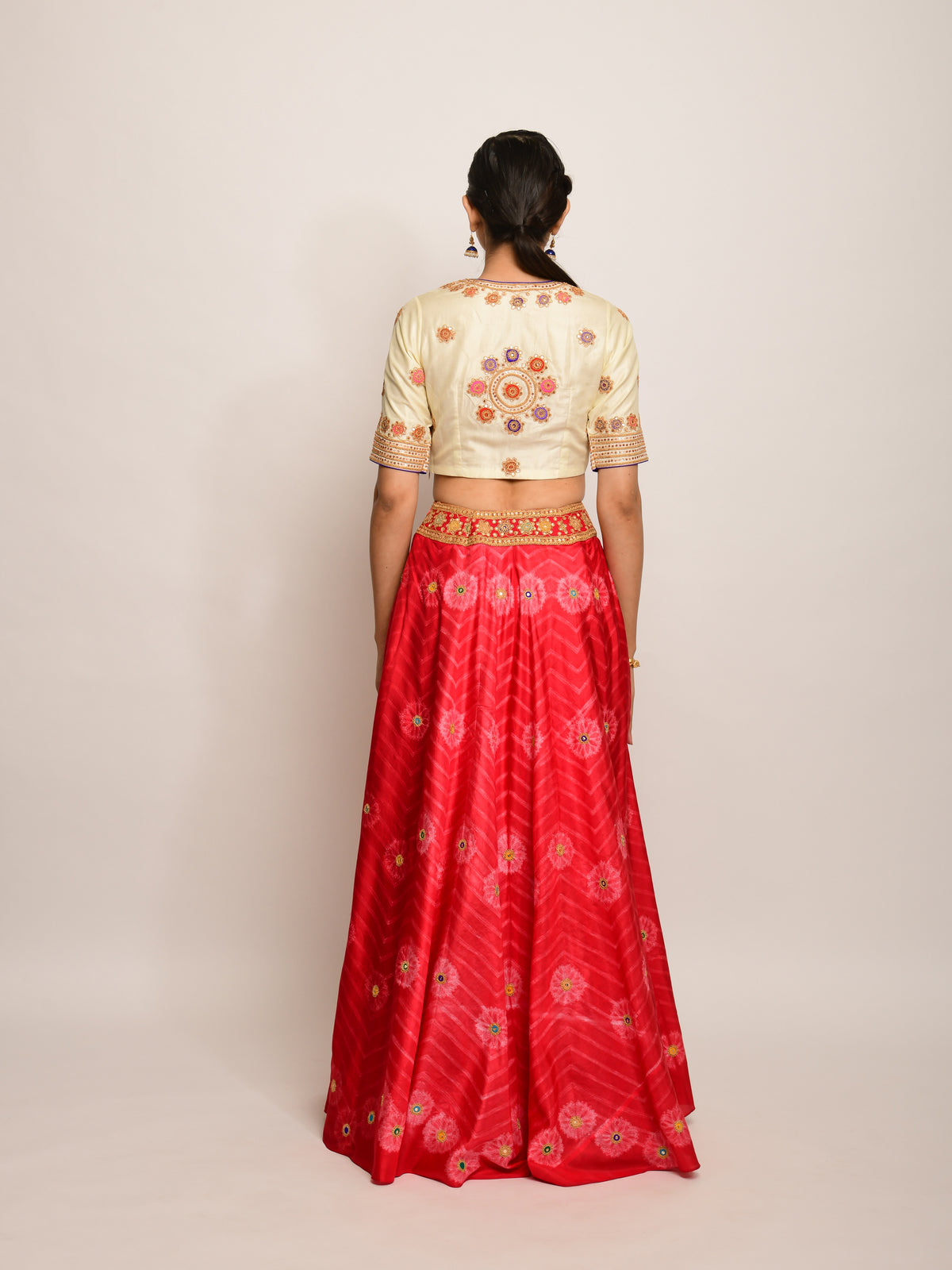 Floral Chevron Shibori Red Lehenga Cape Set with Blouse