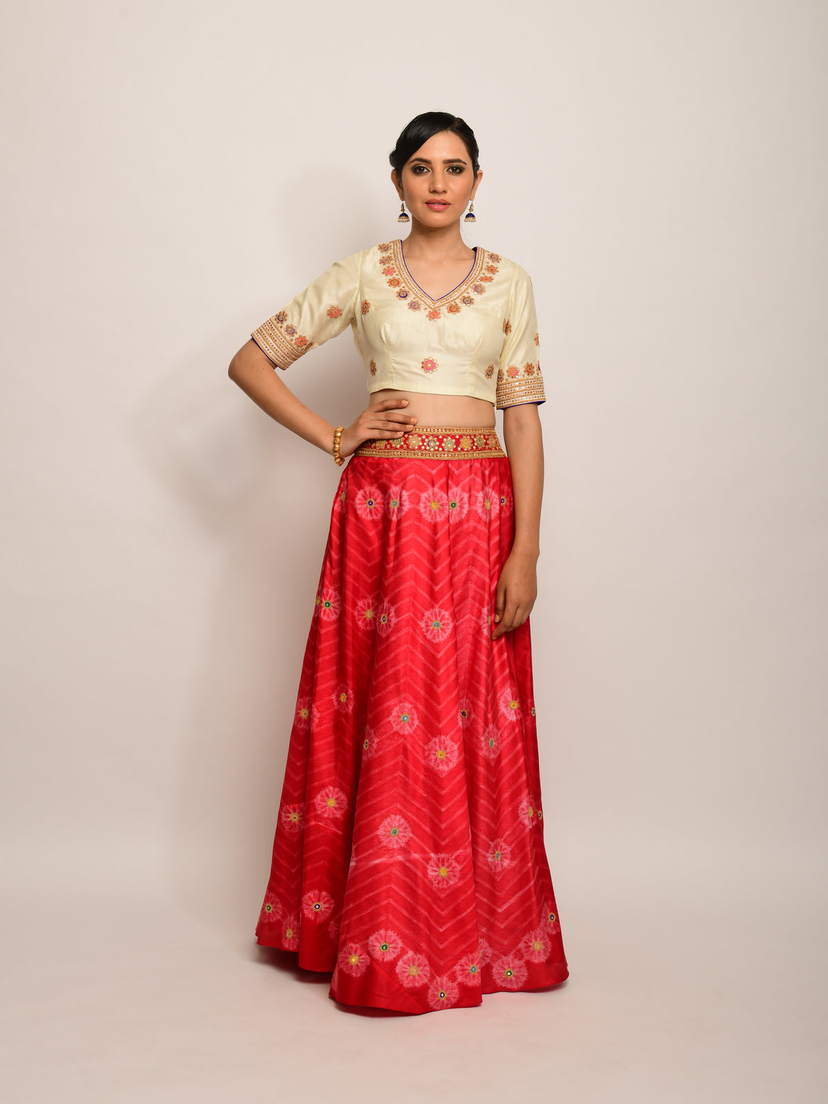 Floral Chevron Shibori Red Lehenga Cape Set with Blouse