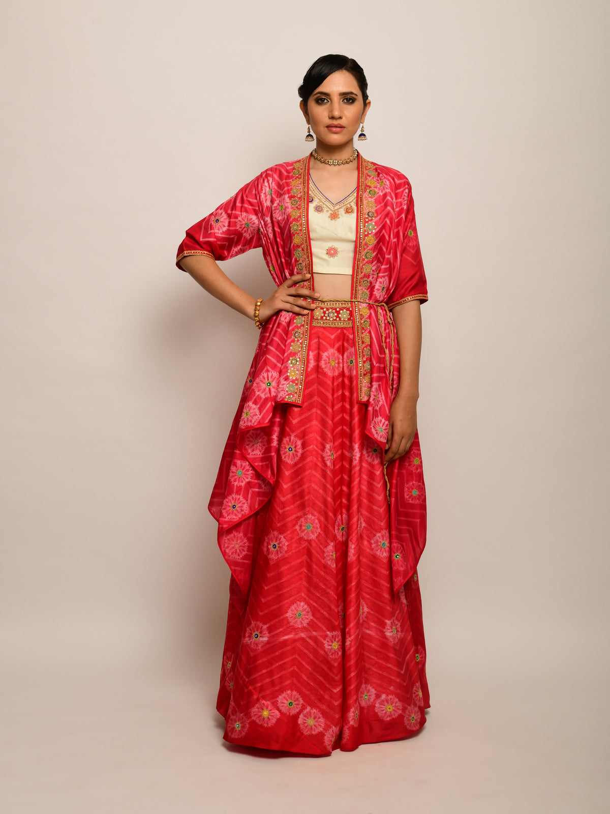 Floral Chevron Shibori Red Lehenga Cape Set with Blouse