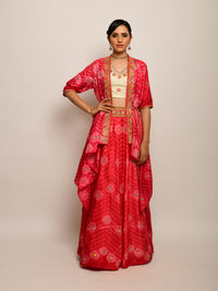 Floral Chevron Shibori Red Lehenga Cape Set with Blouse