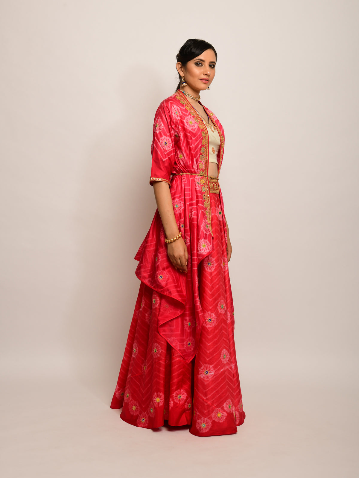 Floral Chevron Shibori Red Lehenga Cape Set with Blouse