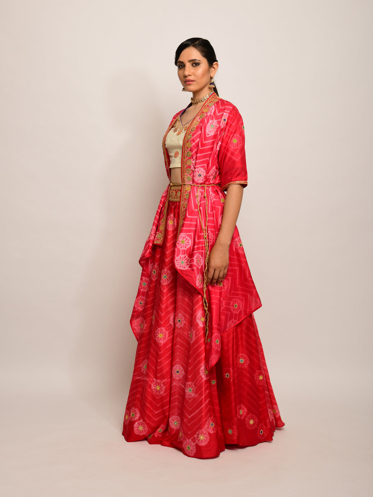 Floral Chevron Shibori Red Lehenga Cape Set with Blouse