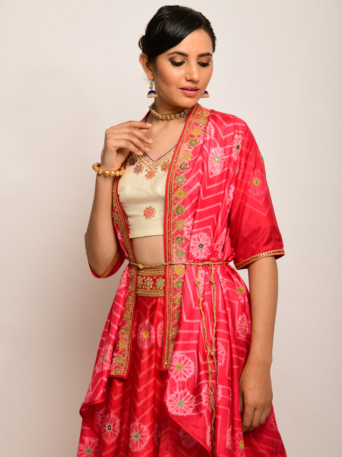 Floral Chevron Shibori Red Lehenga Cape Set with Blouse