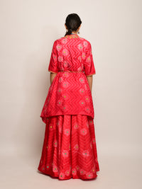 Floral Chevron Shibori Red Lehenga Cape Set with Blouse