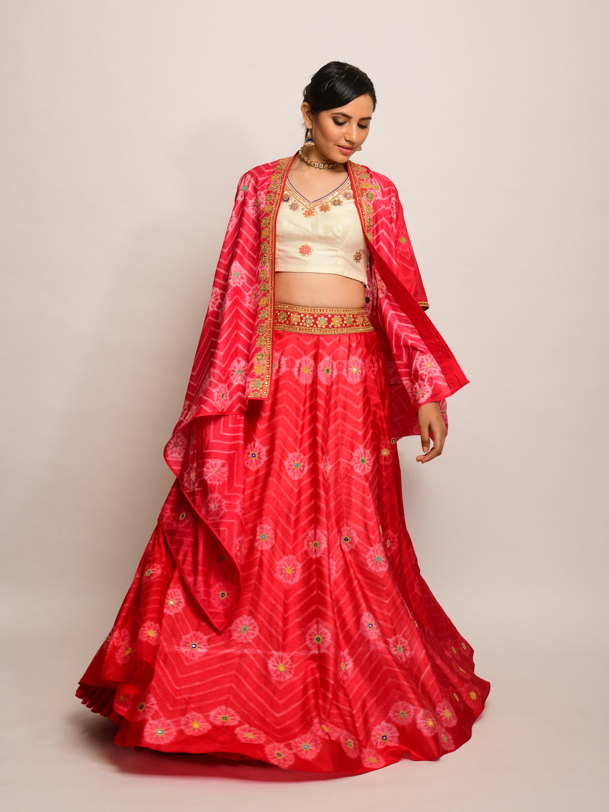 Floral Chevron Shibori Red Lehenga Cape Set with Blouse