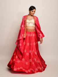 Floral Chevron Shibori Red Lehenga Cape Set with Blouse