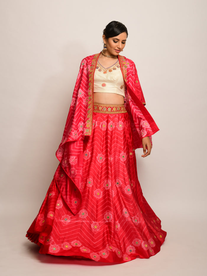 Floral Chevron Shibori Red Lehenga Cape Set with Blouse