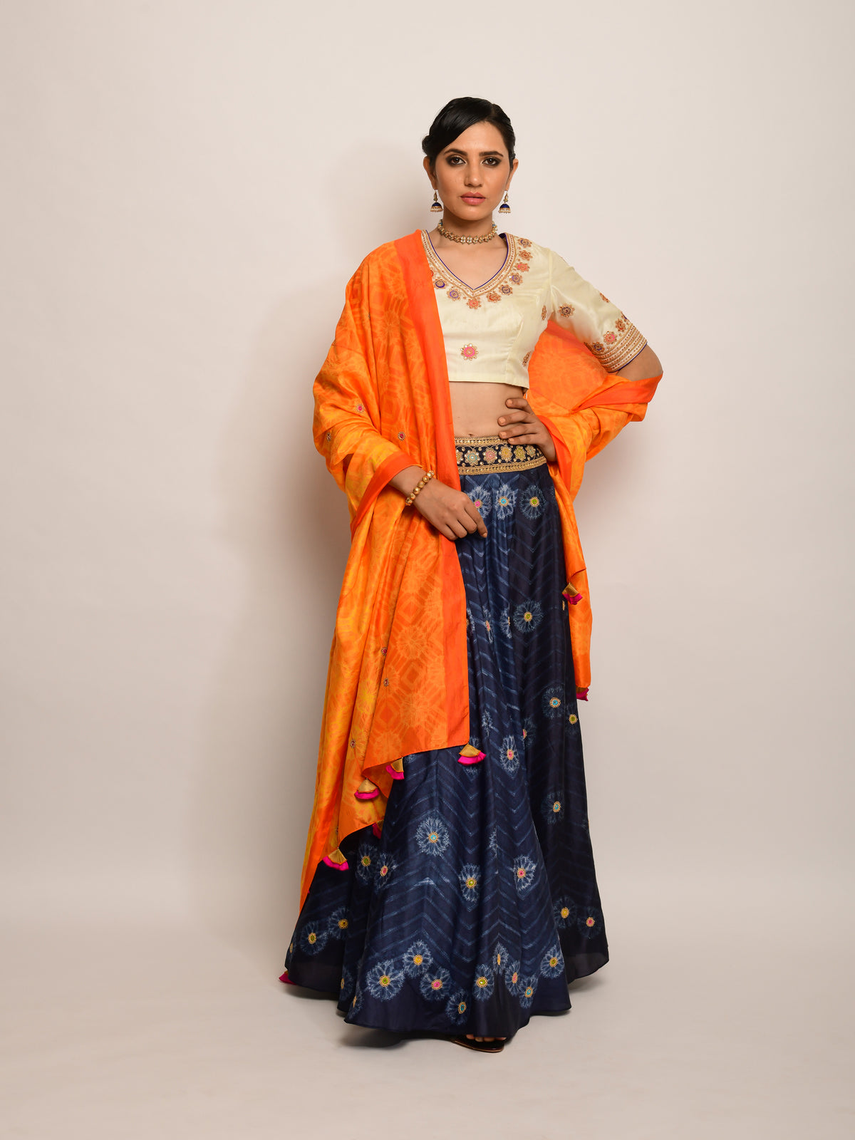 Floral Chevron Shibori Grey Lehenga Set