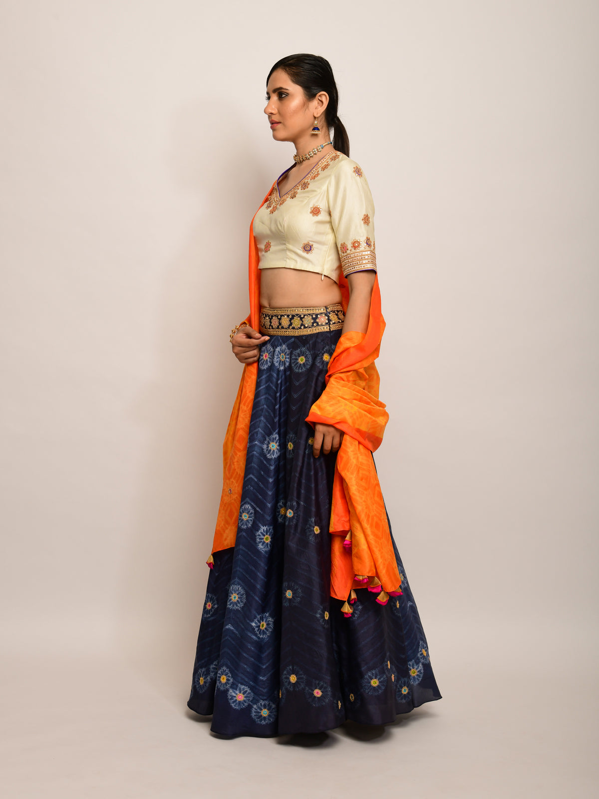 Floral Chevron Shibori Grey Lehenga Set
