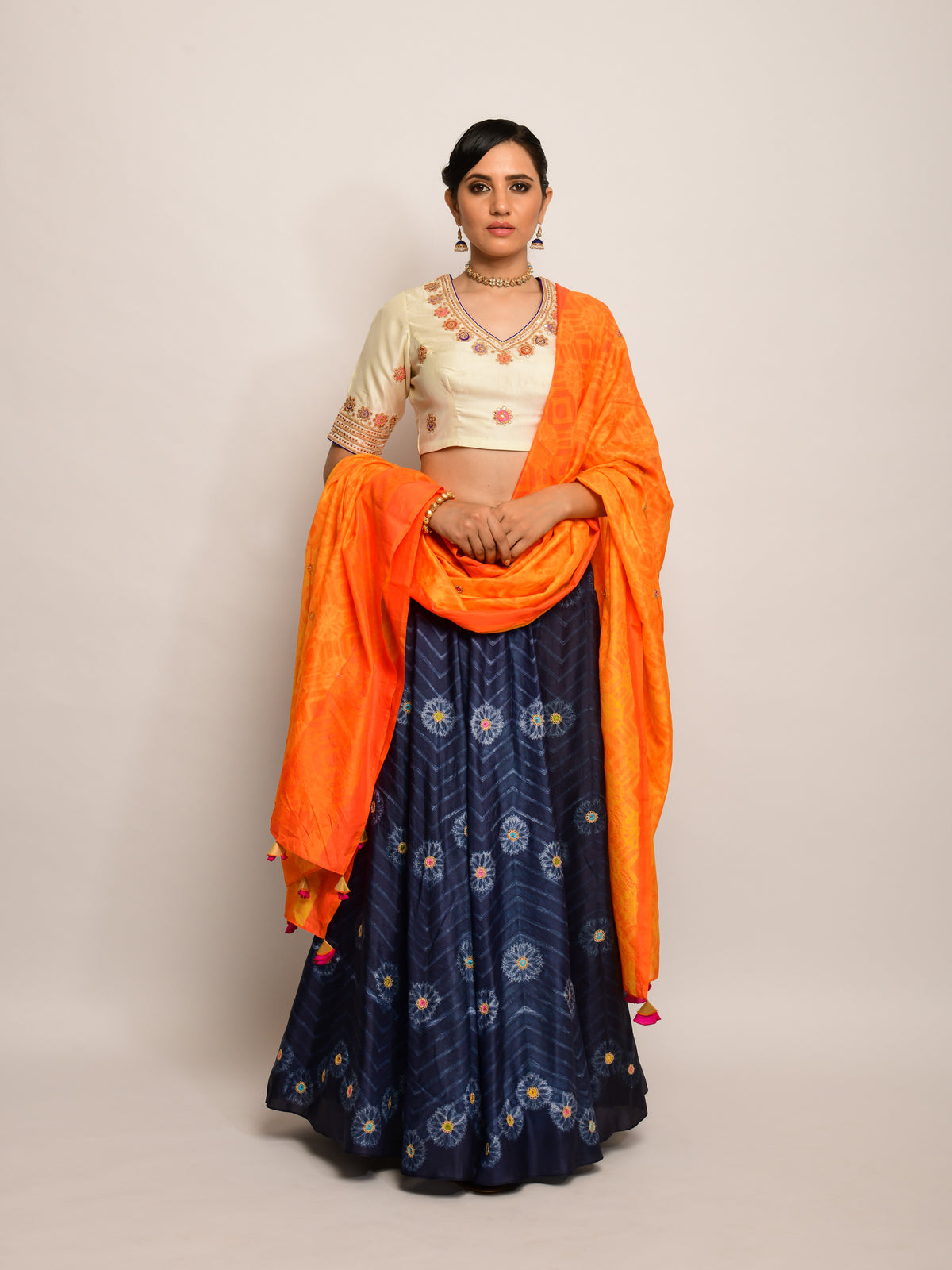 Floral Chevron Shibori Grey Lehenga Set