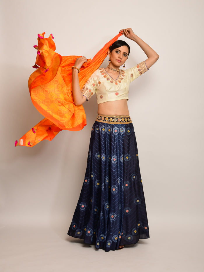Floral Chevron Shibori Grey Lehenga Set