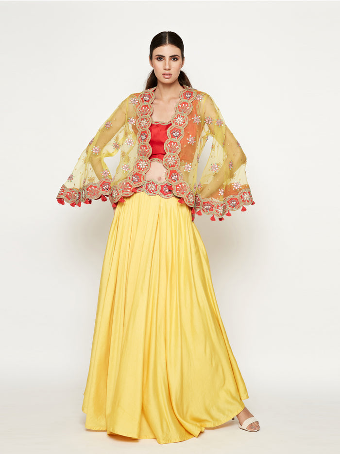 Yellow Lehenga with Top and Embroidered Cape