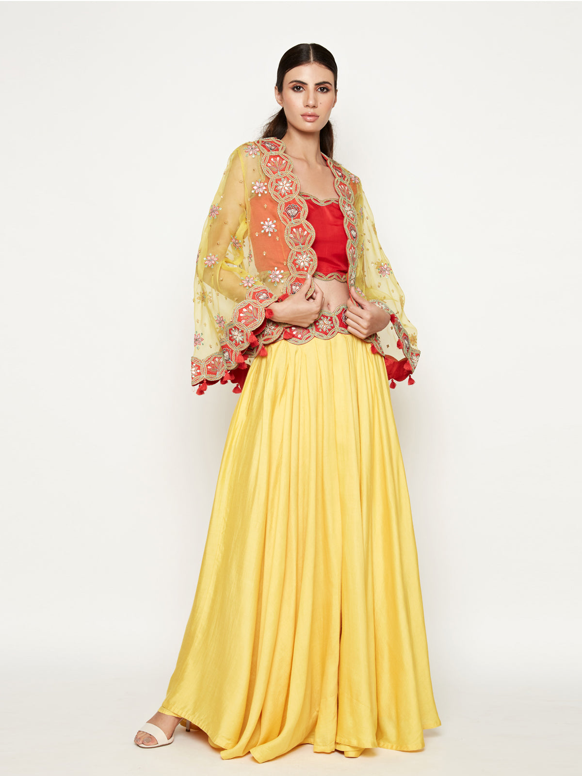 Yellow Lehenga with Top and Embroidered Cape