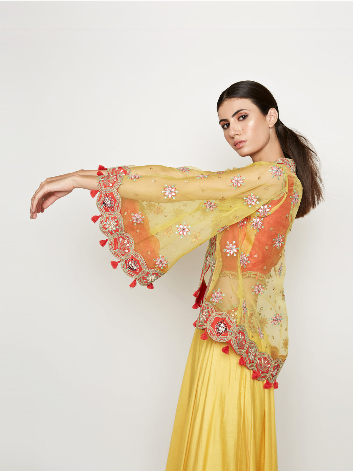 Yellow Lehenga with Top and Embroidered Cape